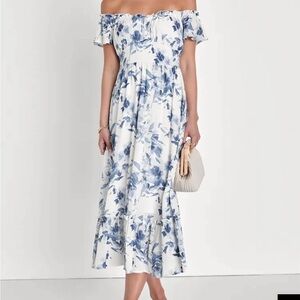 Delightfully Sweet White Floral Off-the-Shoulder Midi Dress